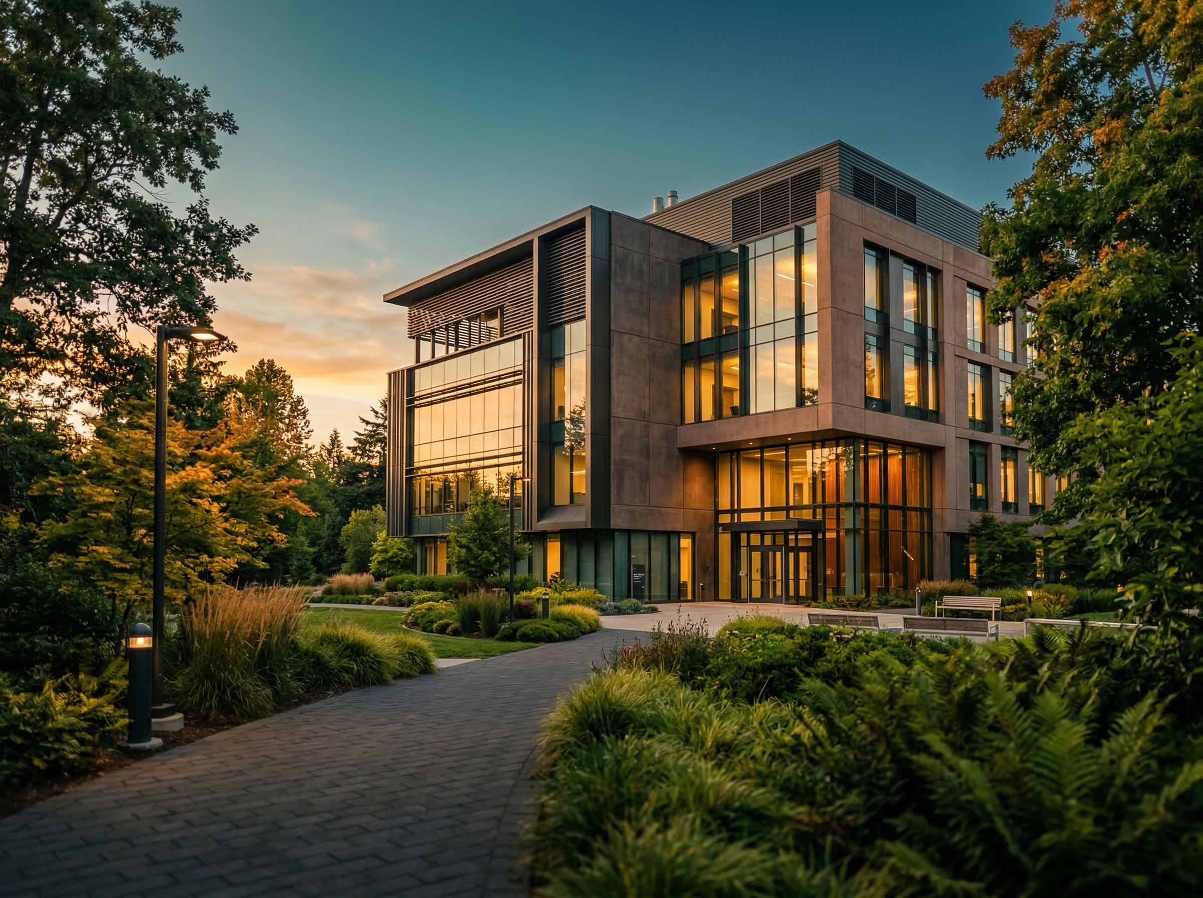 Modern university campus building at golden hour